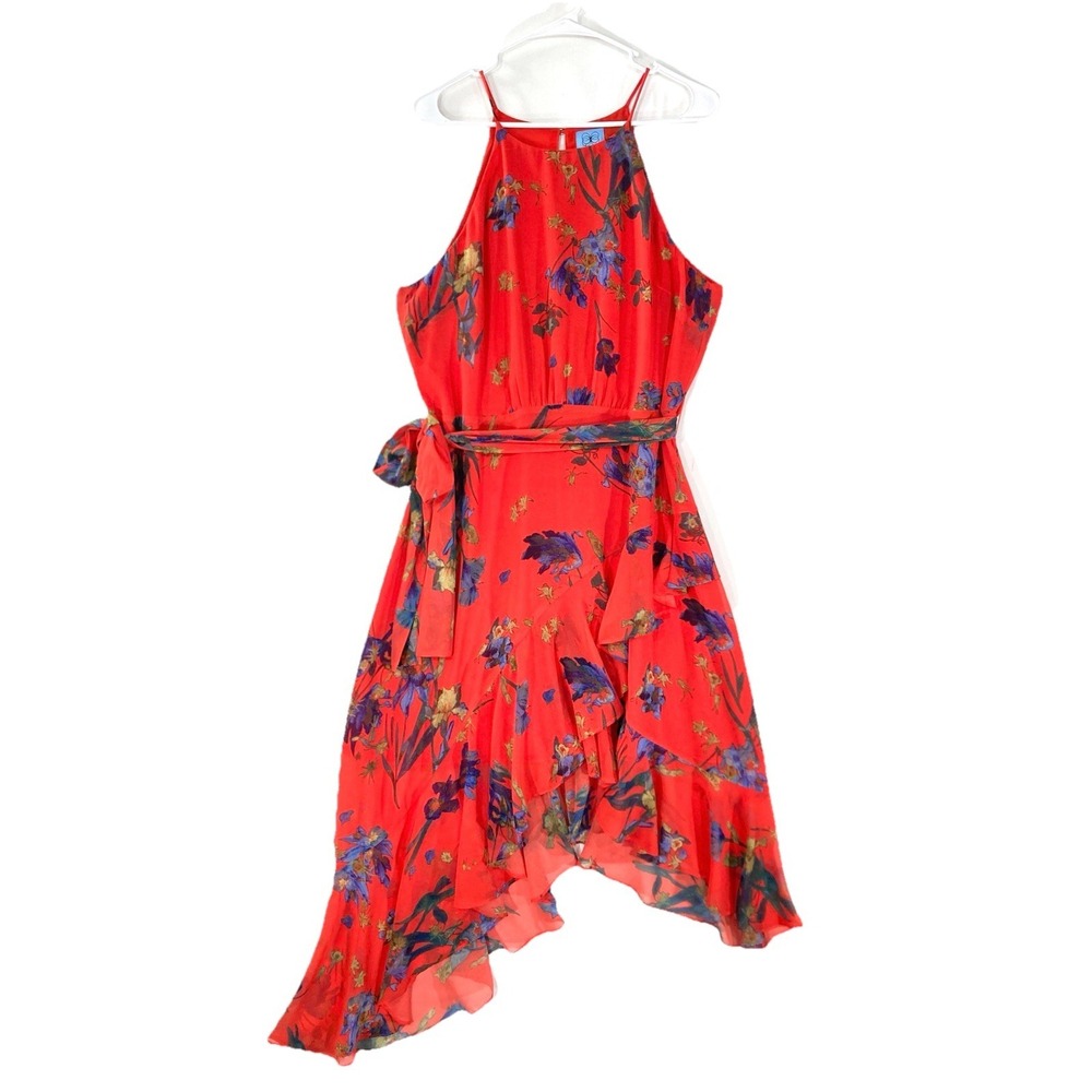 CeCe Halter High Neck Ruffle Chiffon Statement Going Out Dress Womens 14 L Red